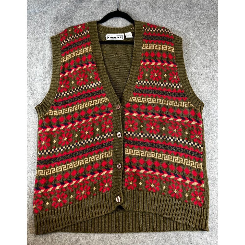 VTG 90s Catalina Cardigan Sweater Womens Red Green Sleeveless Fair Isle Large